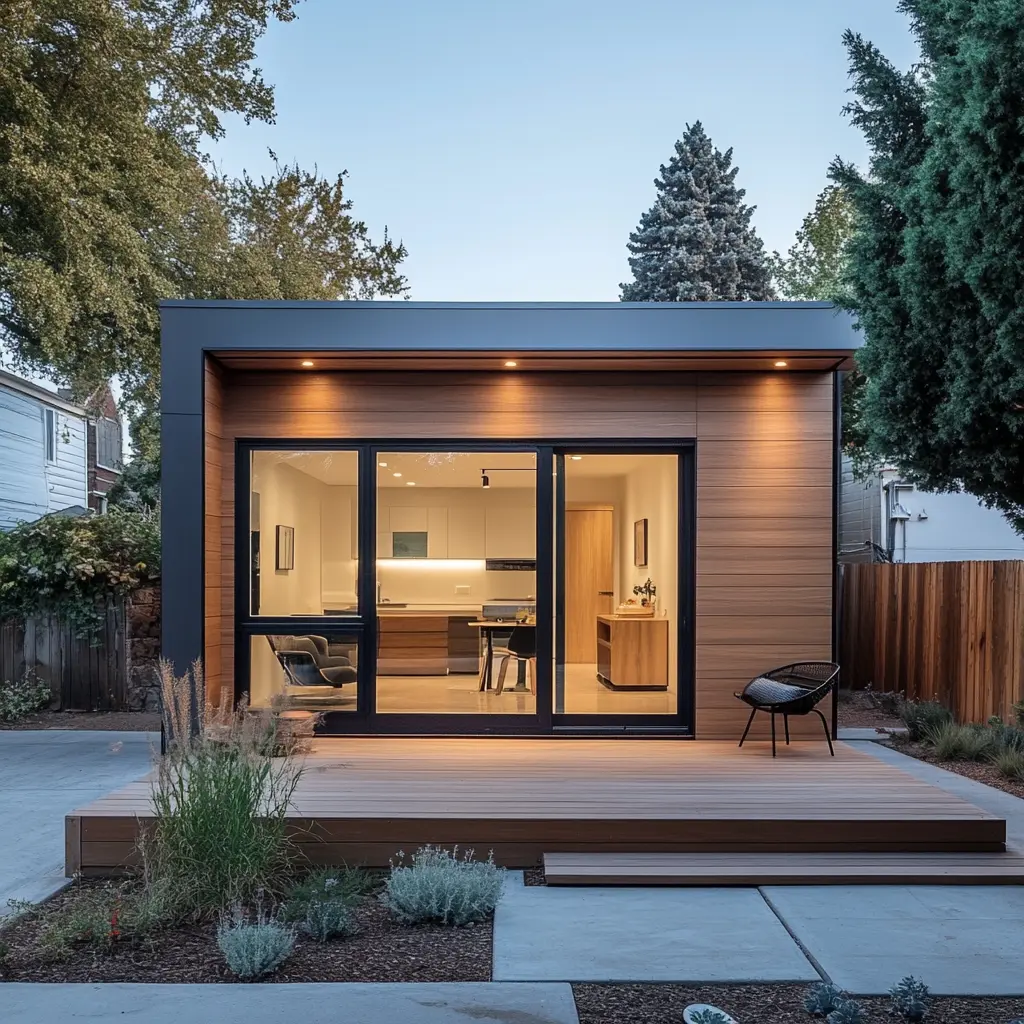 Modern and Elegant ADU: Minimalist Design with Patio Modern facade of an ADU with a small patio and a minimalist design.