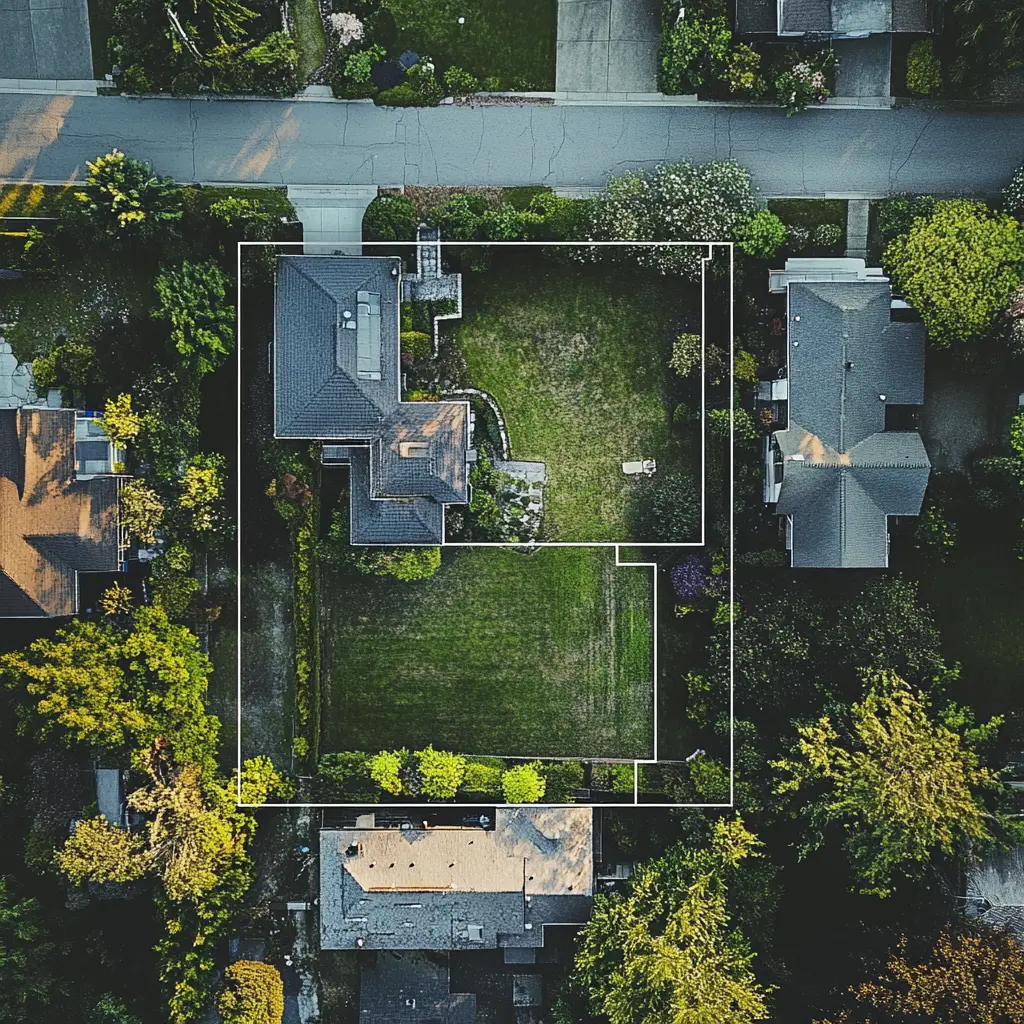 Aerial view of a residential property with a digital overlay illustrating a potential ADU location and footprint.