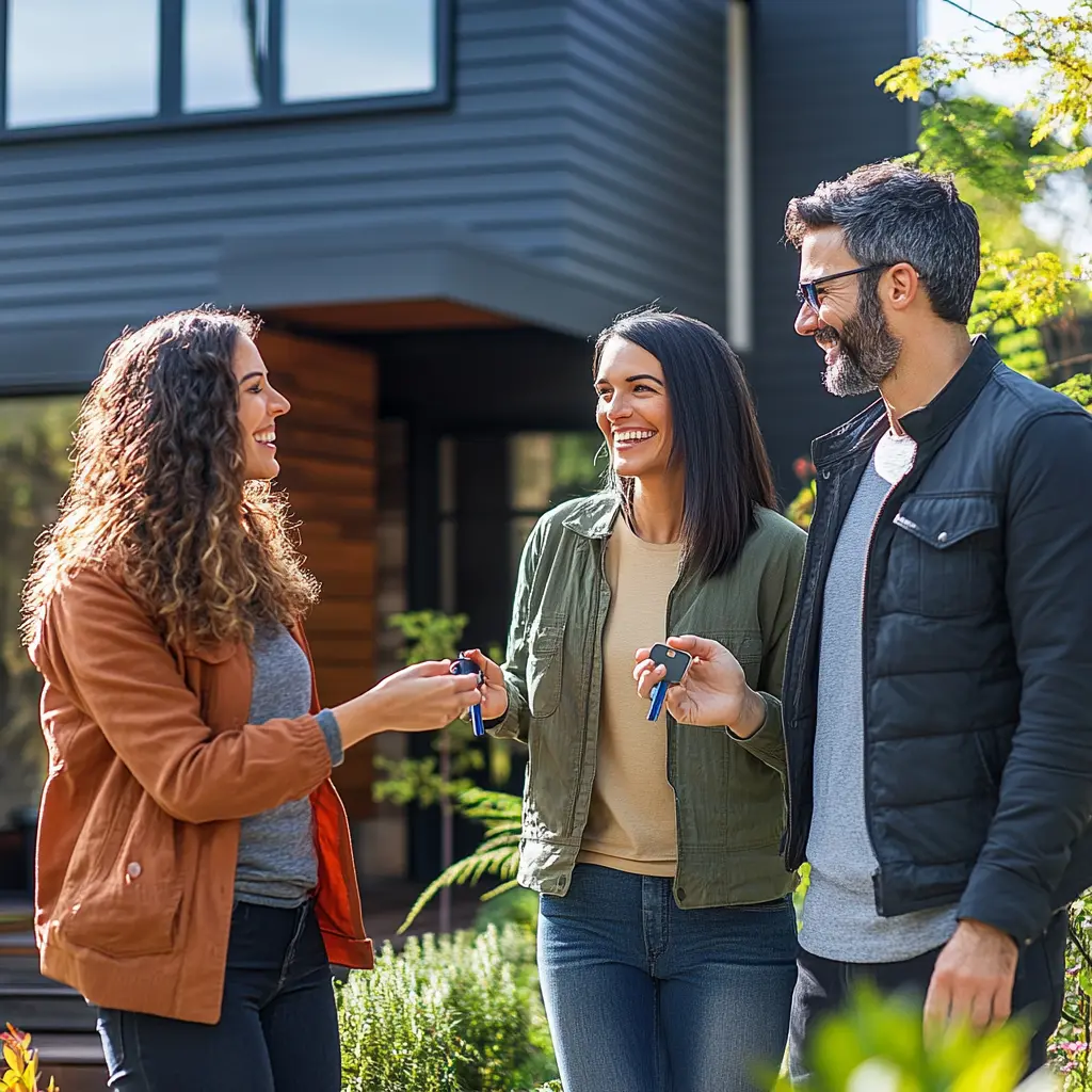 Happy couple handing keys to a new tenant in front of a modern ADU