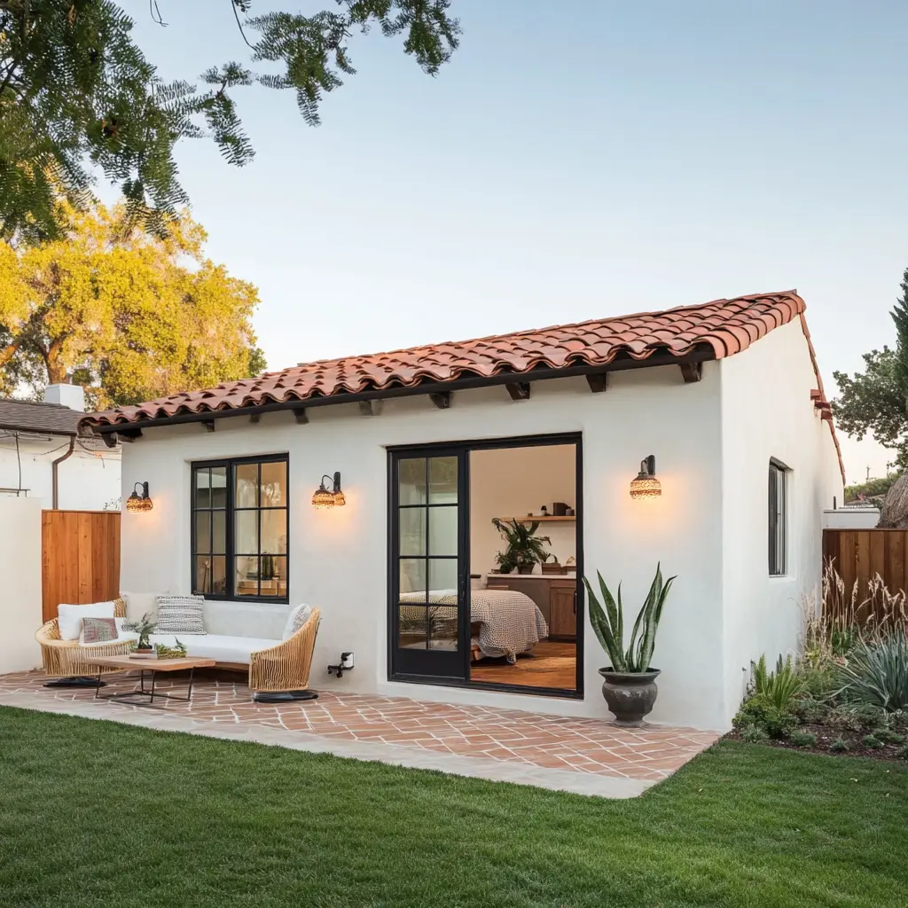 Modern ADU in Historic Anaheim: Cozy Living in a Spanish Revival Setting Modern ADU with stucco exterior and tiled roof, nestled in the backyard of a Spanish Revival home in Anaheim.