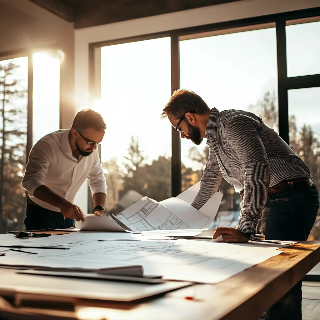 Anaheim Construction: Contractor and Client Collaborate on New Project Contractor and client reviewing architectural blueprints in a modern Anaheim office.