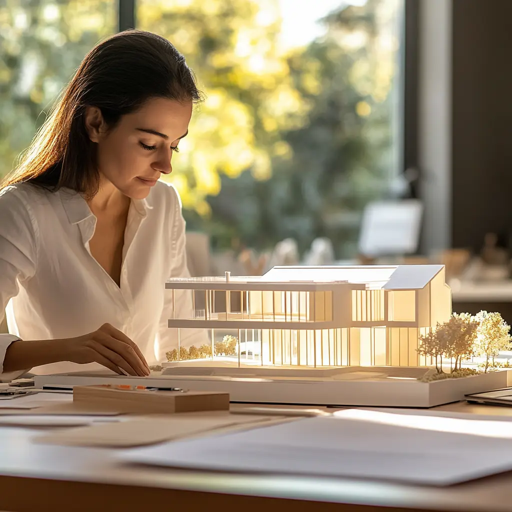 Architect Analyzing Modern House Model Architect inspecting modern house model with natural light.