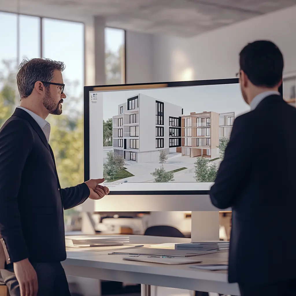 architect presents 3d design client Architect presenting 3D design to client in modern office