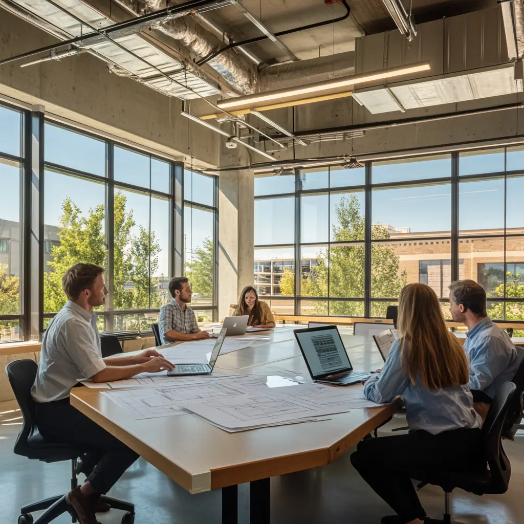 Architects at Work: Collaborating on Innovative Designs Team of architects collaborating on a commercial design project in a modern office in Huntington Beach