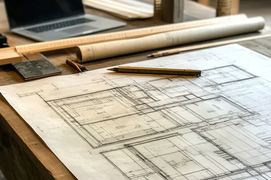 A close-up of architectural blueprints, measuring tools, and drafting equipment on a designer's desk.