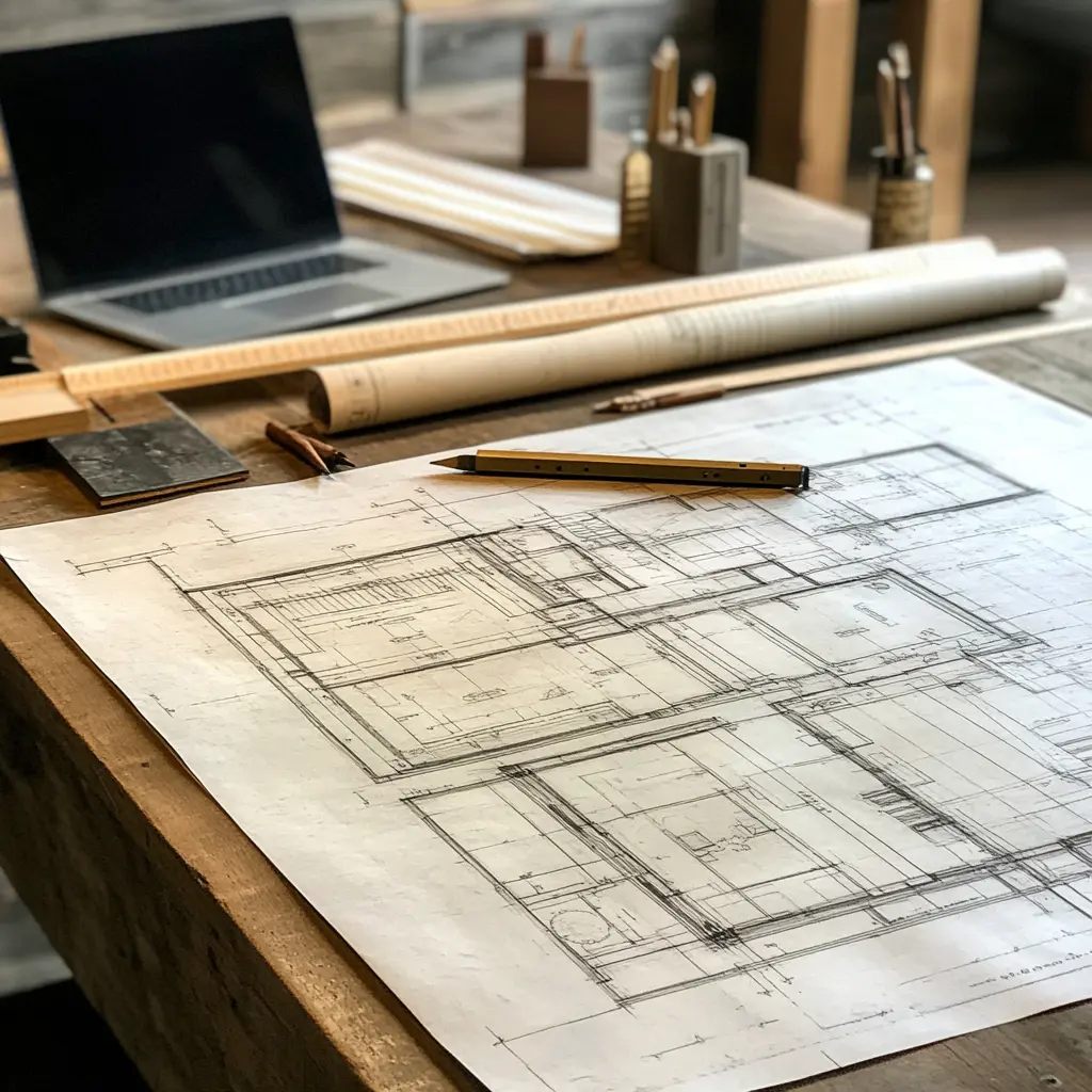 Blueprint Precision: Crafting Your Ideal Space A close-up of architectural blueprints, measuring tools, and drafting equipment on a designer's desk Design.