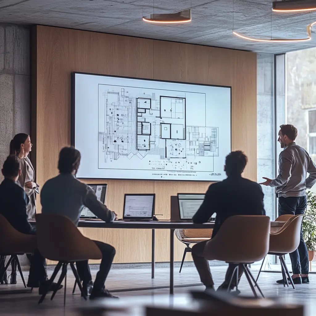 Architectural design team in creative brainstorming Residential and Commercial Design Visualization of architectural design on screen during team meeting