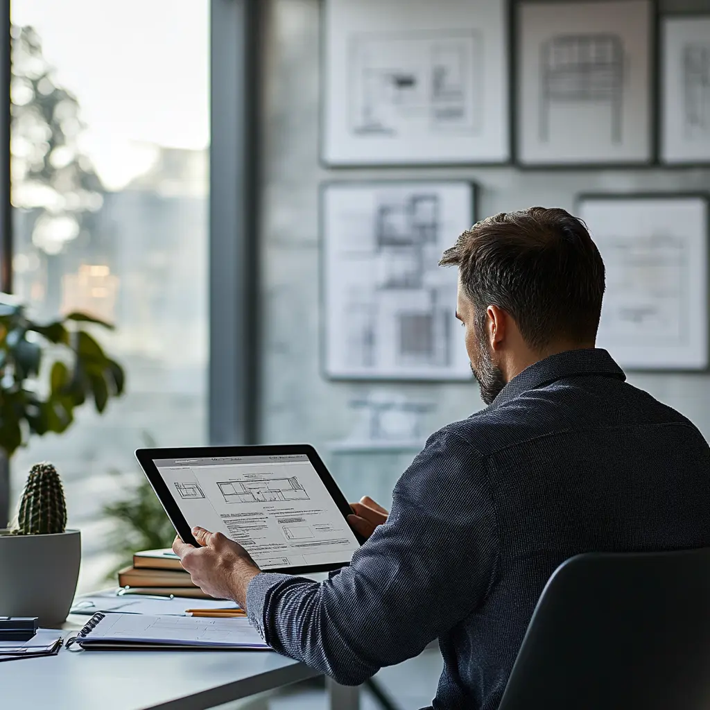 Architect working on a tablet in a modern office with minimalist design.