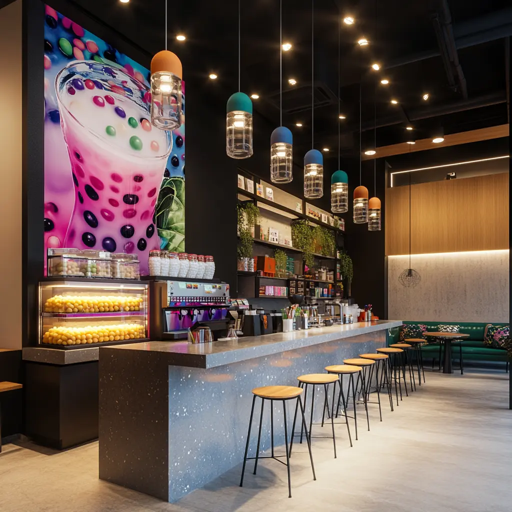 Discover the Modern and Cozy Interior of Our Boba Tea Shop Modern and cozy interior of a boba tea shop, with a bar, tables, a mural and hanging lights.