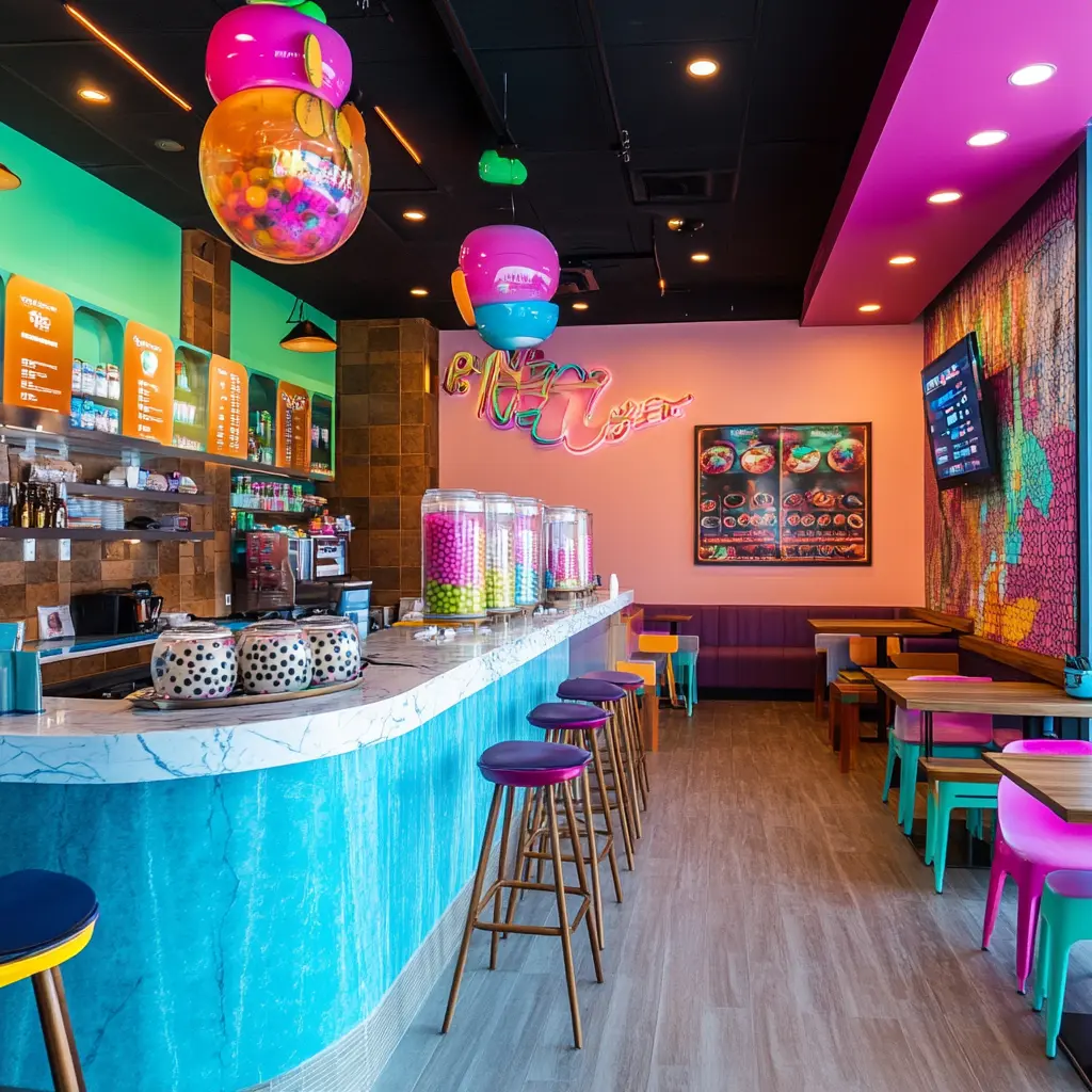 A Boba Tea Lover's Paradise Boba tea shop with a large mural and cozy seating area
