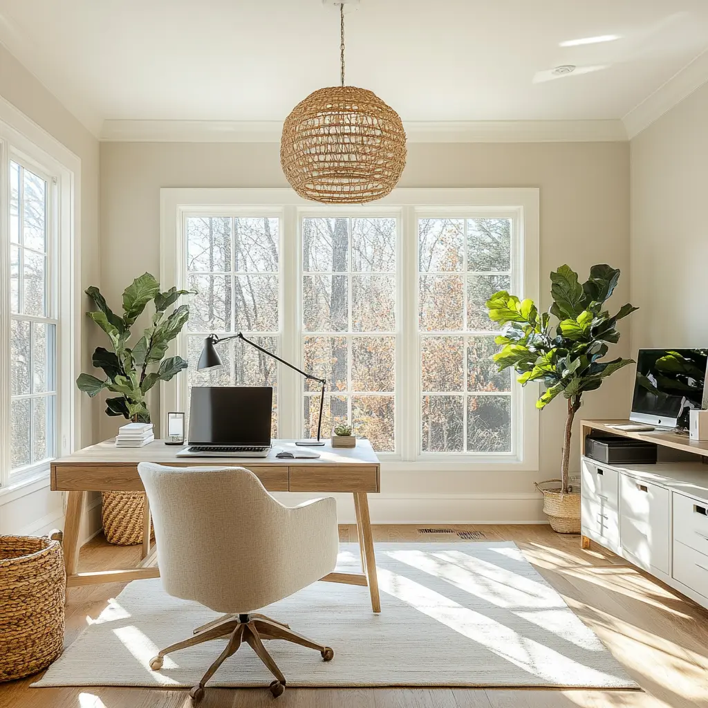 Bright and Airy Home Office: Your Productive Retreat A bright and airy home office with large windows, comfortable furniture, and stylish decor.