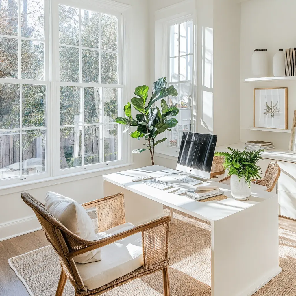 Bright and Airy Home Office: Create Your Ideal Workspace Bright and airy home office with large windows and comfortable workspace in Long Beach