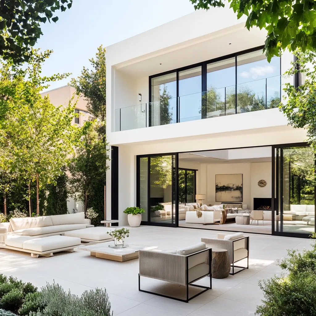 Coastal Chic in Beverly Hills: Modern Home with Private Garden Modern coastal home in Beverly Hills with a private garden and wide glass doors.