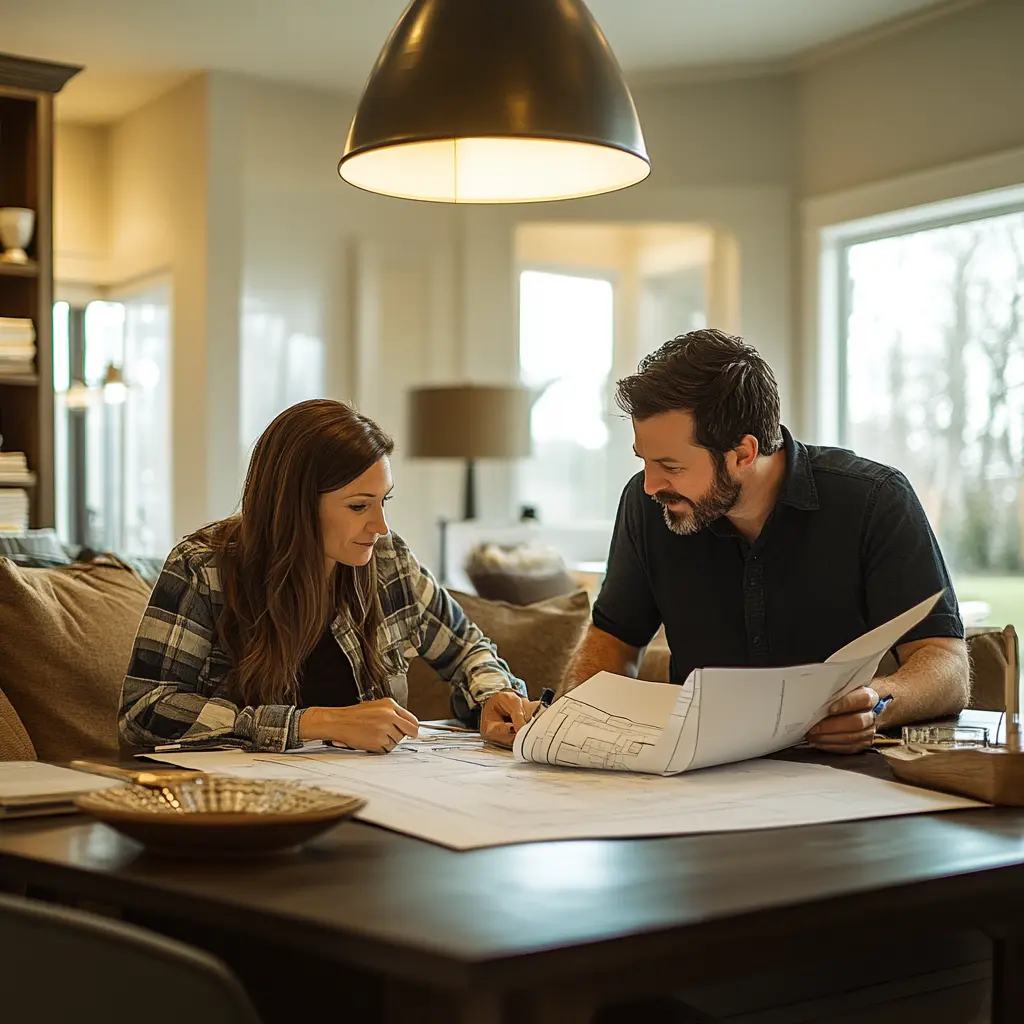 Contractor and Homeowner Collaboration: Building Your Dream Home Contractor and homeowner discussing home renovation plans over blueprints.