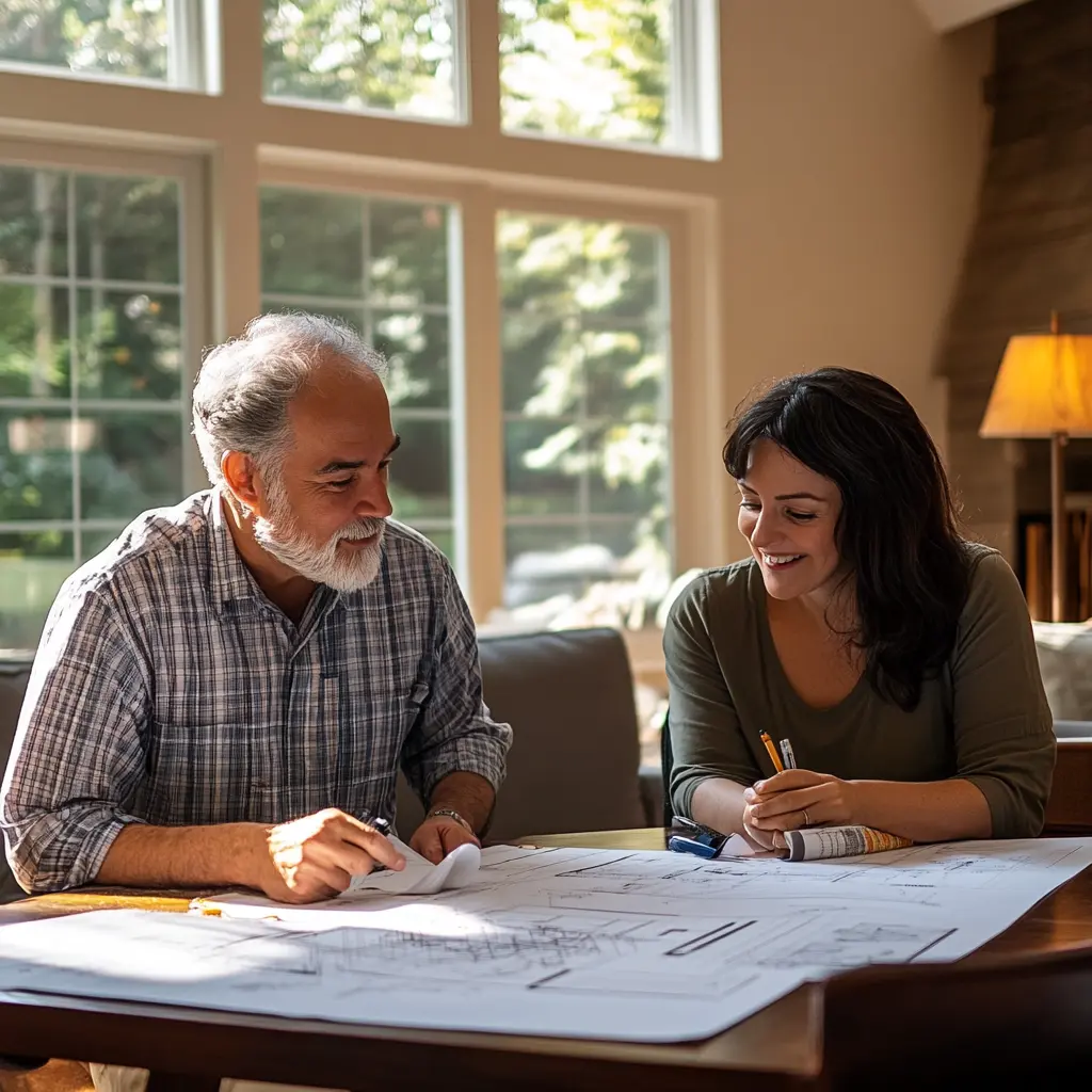Home Renovation Planning: A Collaborative Process A contractor and homeowner discussing home renovation plans over blueprints.