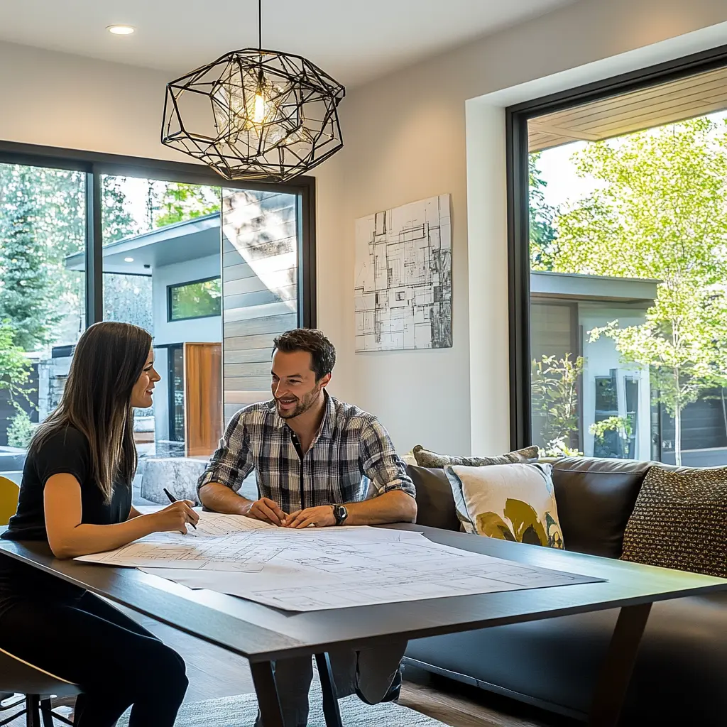 Contractor and Homeowner Discussing Home Renovation Plans Contractor and homeowner discussing blueprints in a modern living room