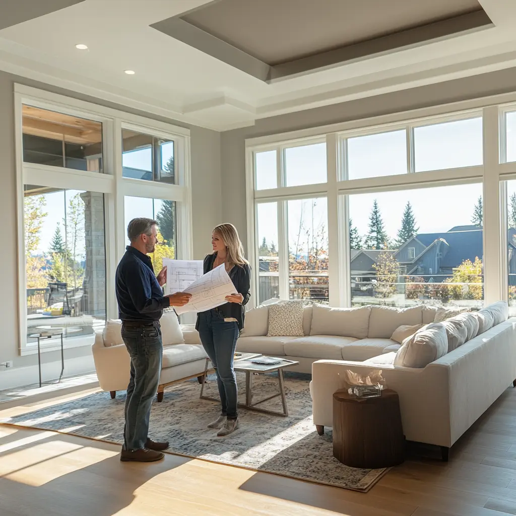 Contractor and Homeowner Discussing Blueprints in Modern Living Room Contractor and homeowner reviewing blueprints in a modern living room.