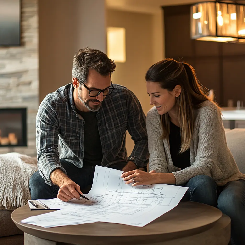 Contractor and Owner Reviewing Blueprints in Modern Living Room Contractor and homeowner reviewing blueprints in a modern, well-lit living room
