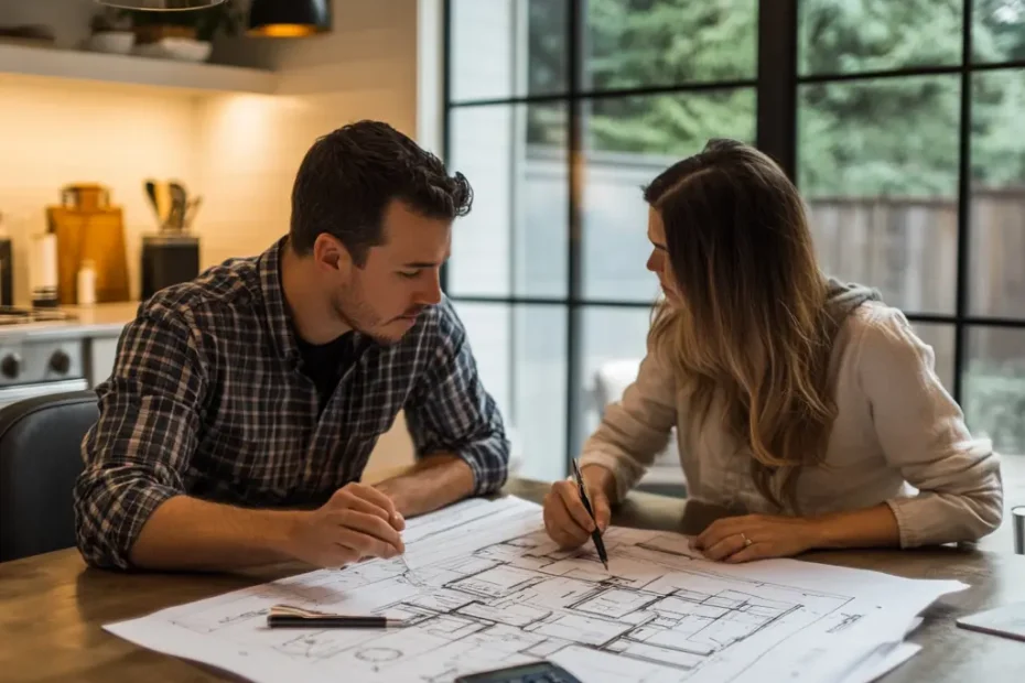Couple reviewing ADU blueprints at a kitchen table