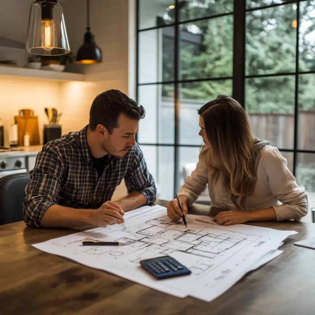 Couple reviewing ADU blueprints at a kitchen table