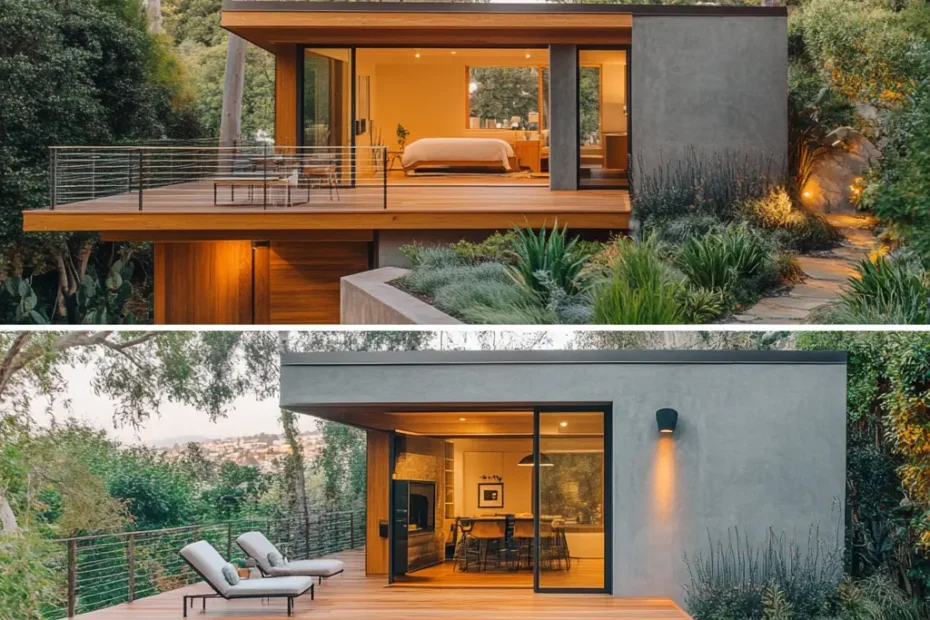 Modern ADU with a stylish entrance and small deck in a Beverly Hills neighborhood.