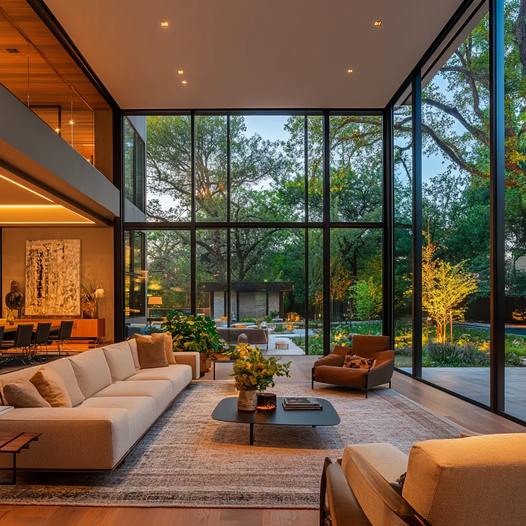 Cozy Open-Plan Living Room with Backyard Views Open-plan living room with floor-to-ceiling windows and backyard view