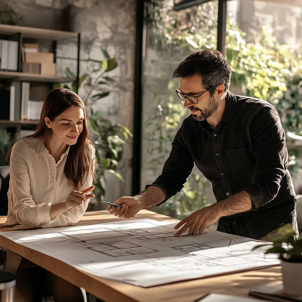 Architect in action Reviewing detailed plans in a modern studio Residential and Commercial Design
