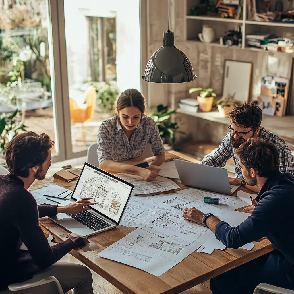 Designing Your Dream Home: A Collaborative Process A team of designers and homeowners collaborating around a table, discussing blueprints and site maps for a custom home project.