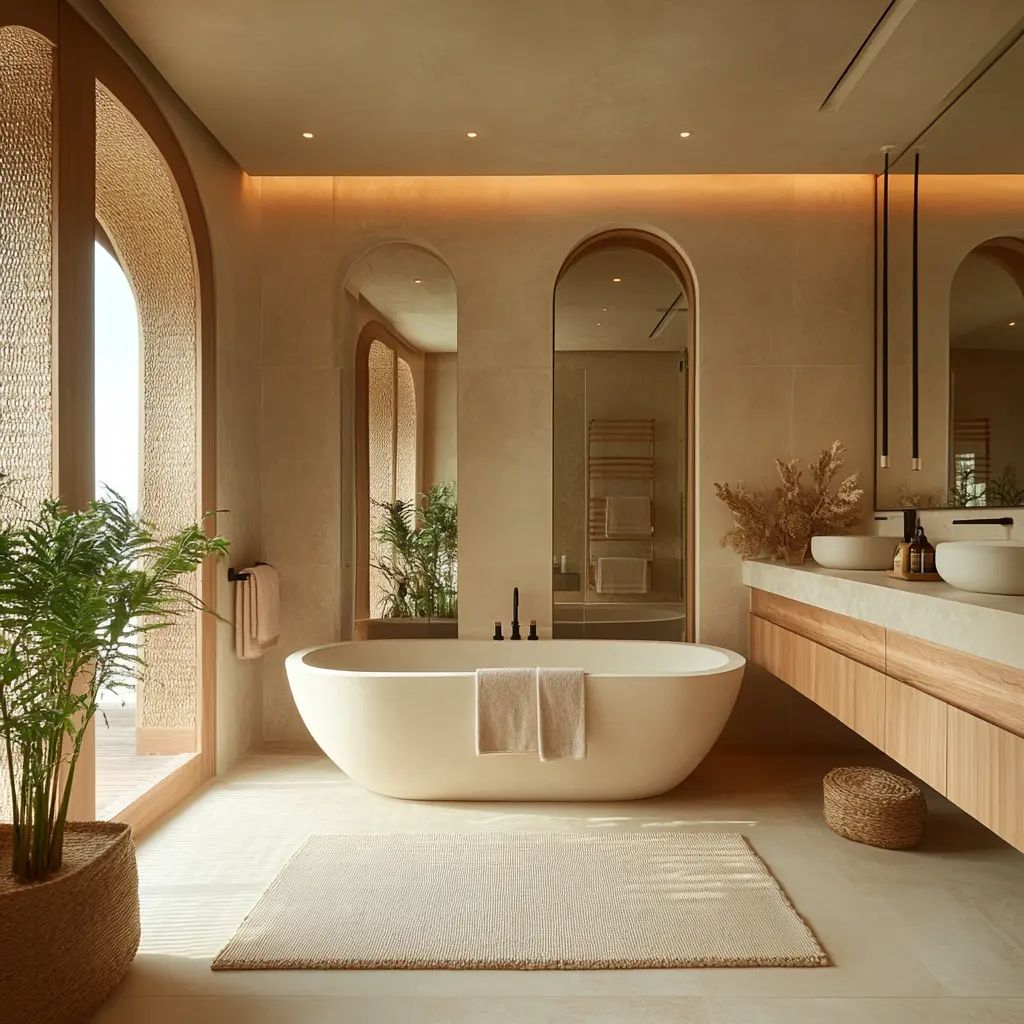 Freestanding Bathtub and Natural Wood: Create a Spa-Like Bathroom Freestanding bathtub in a spa-like bathroom with natural wood accents.
