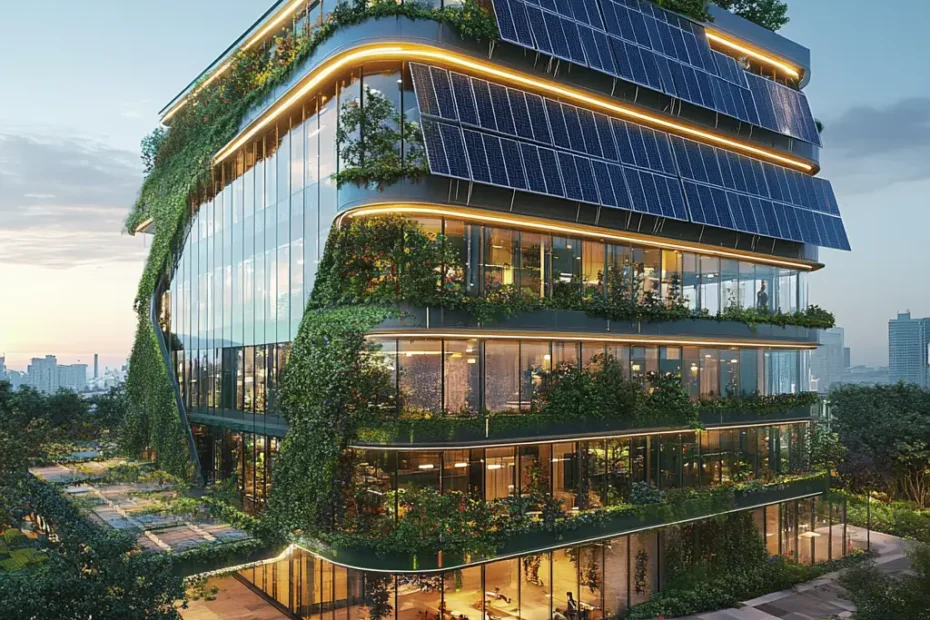 Facade of a sustainable commercial building with solar panels.