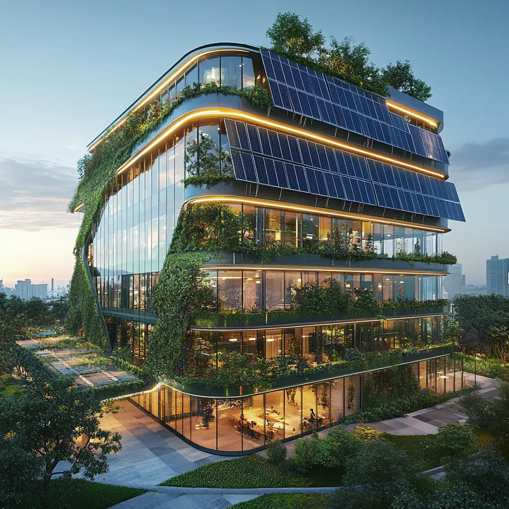 Facade of a sustainable commercial building with solar panels.