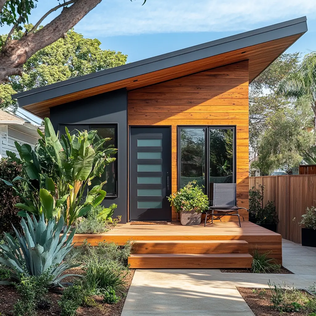 Cozy Modern ADU in Laguna Hills: Harmonizing with Nature Modern ADU with wooden deck and lush landscaping in Laguna Hills