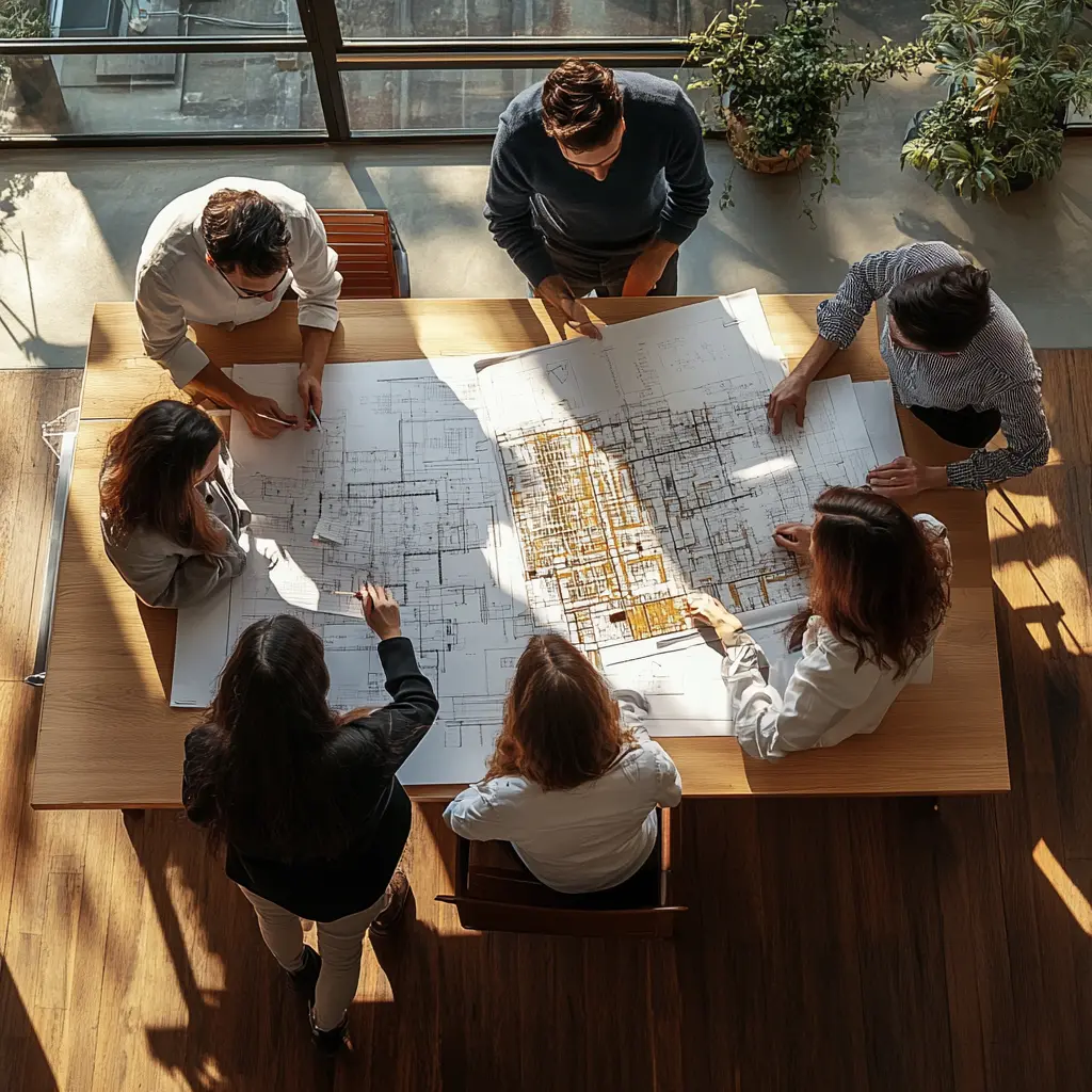 Architects Collaborating on a Los Angeles Project Architects collaborating around a table in a modern office