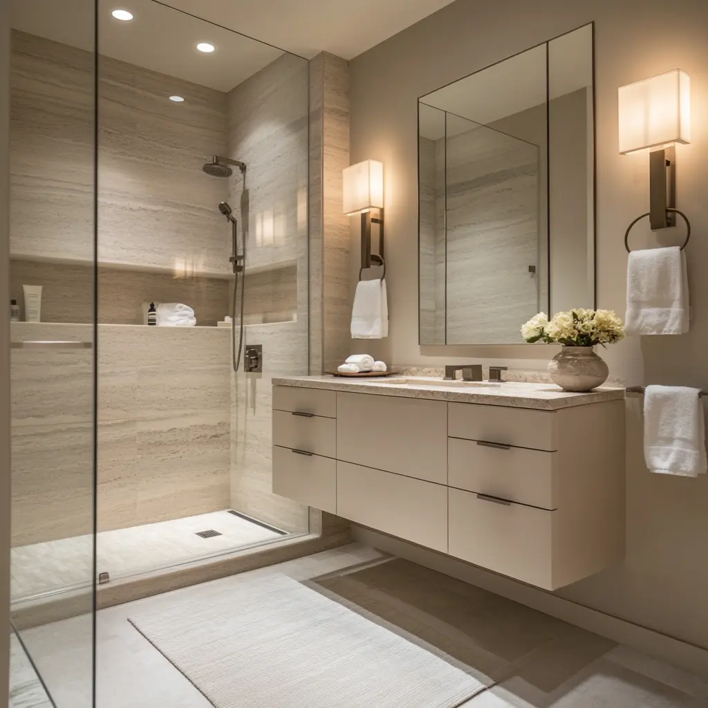 Serene and Spacious: Modern Bathroom Design Ideas Minimalist bathroom with a floating vanity, walk-in shower, and natural stone accents in Beverly Hills