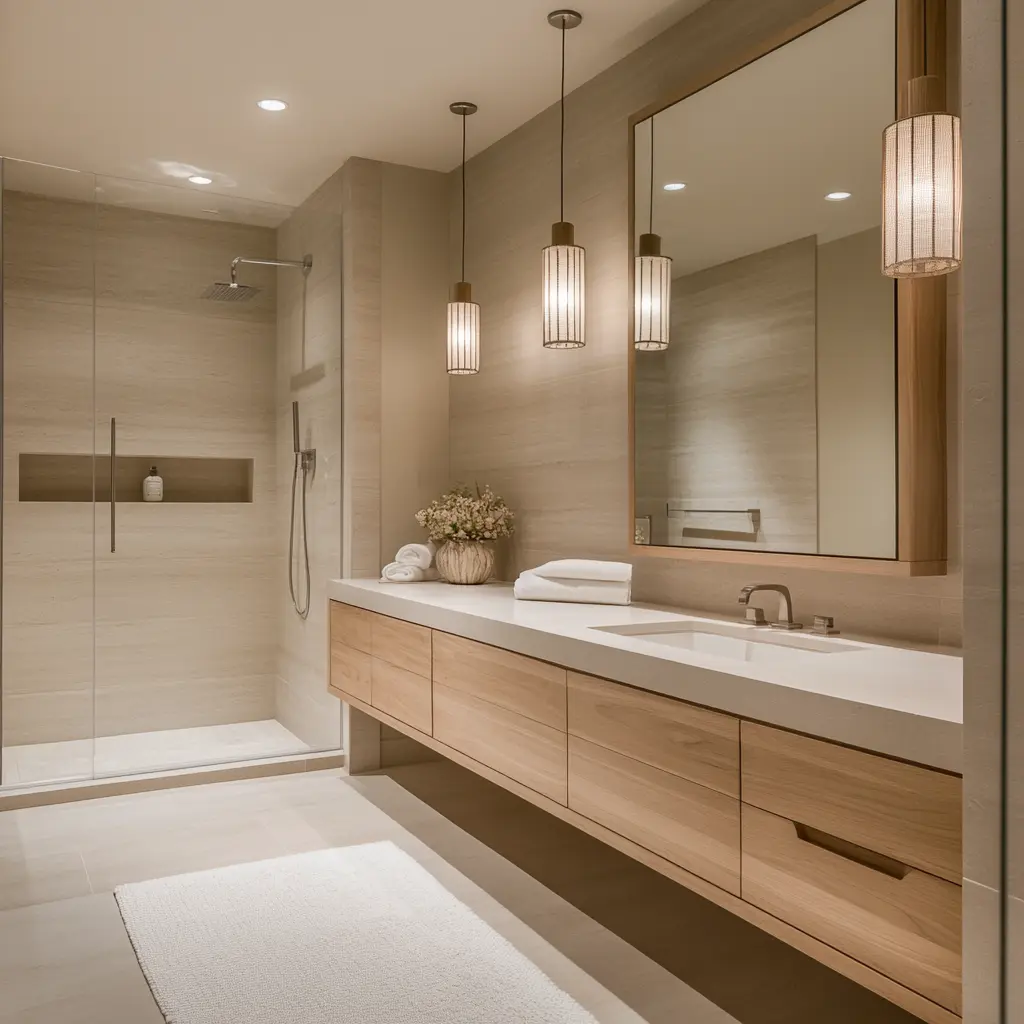 Minimalist Bathroom Design with Soft Neutral Colors Minimalist bathroom with floating vanity and walk-in shower