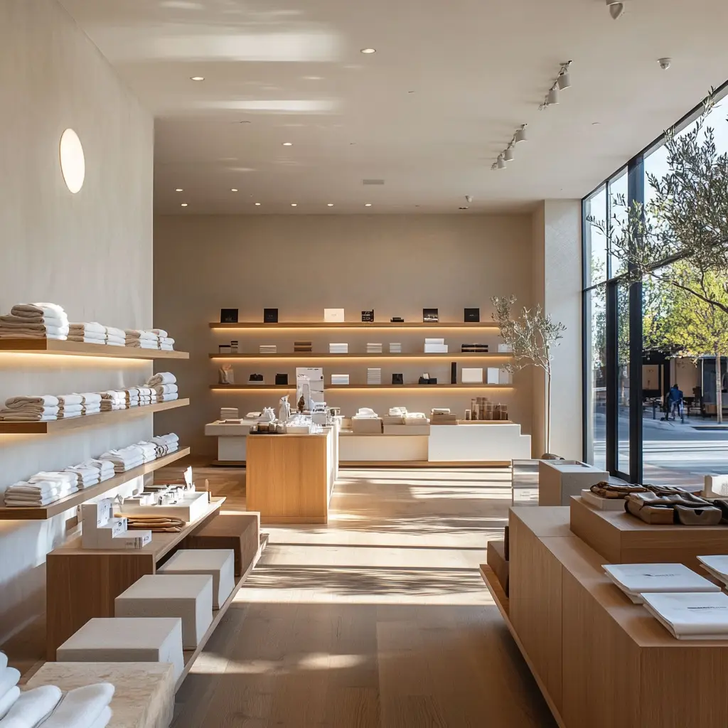 Impeccable Showcase, Attract More Customers with a Minimalist Design Minimalist store interior with natural lighting and featured products