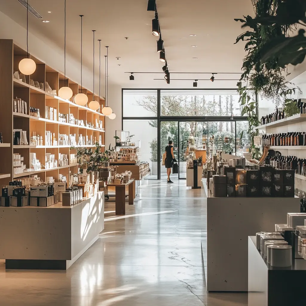Minimalist Retail Store with a Welcoming Atmosphere Minimalist retail store interior with a customer browsing products