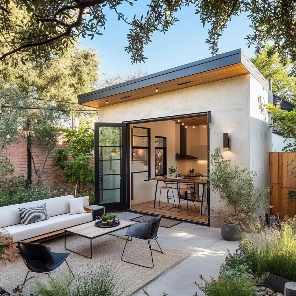 Modern ADU Design: A Stylish and Private Backyard Retreat Modern ADU with a private entrance, surrounded by greenery and minimalist outdoor furniture in Long Beach