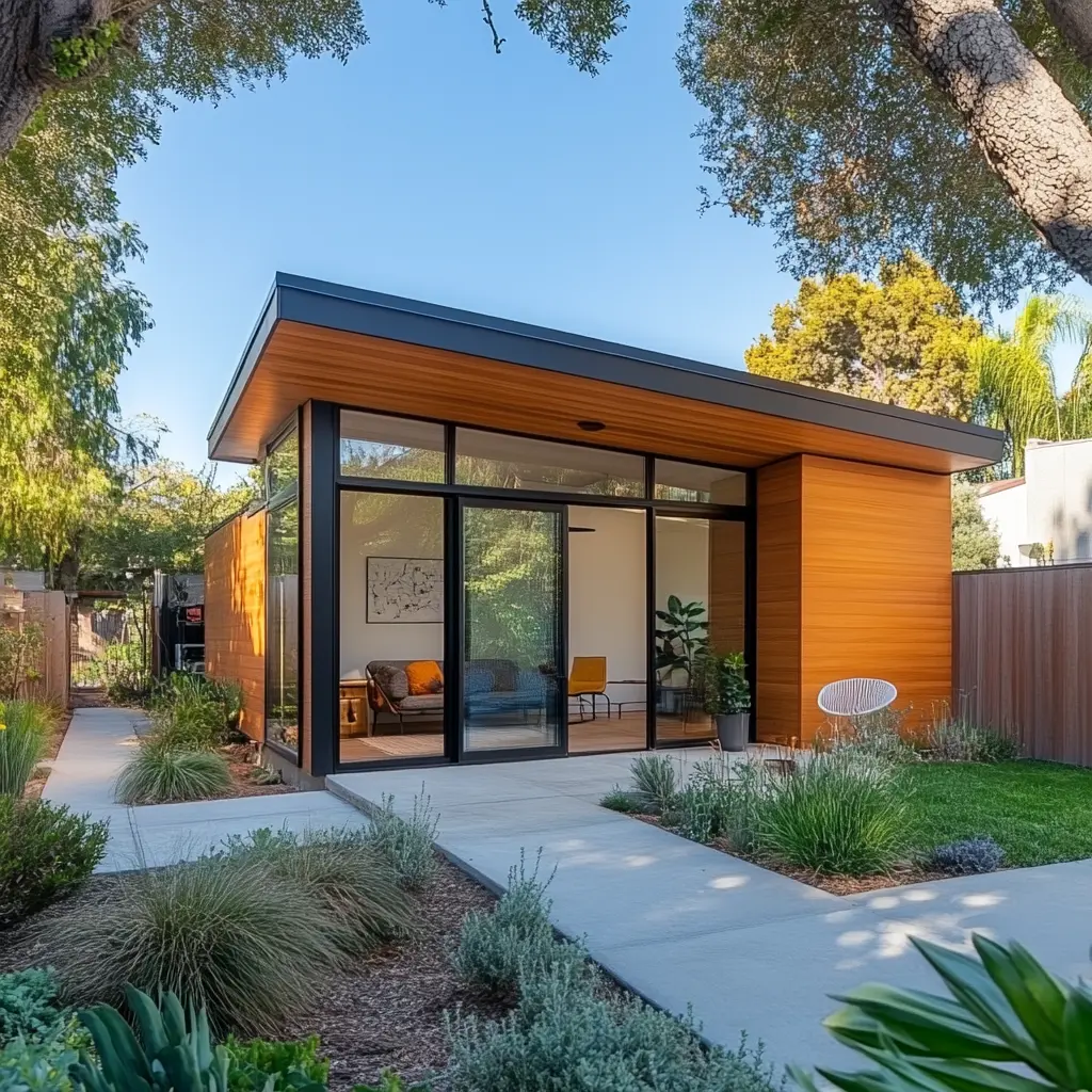 Modern ADU Design: A Stylish and Sustainable Backyard Retreat Modern ADU with a sleek exterior and a peaceful patio surrounded by greenery in Long Beach