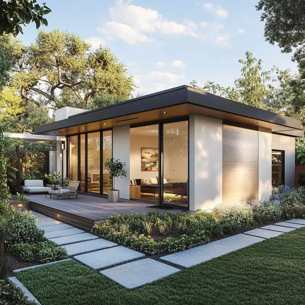 Modern ADU with Sleek Design in Ladera Ranch Modern ADU with a small patio surrounded by greenery.