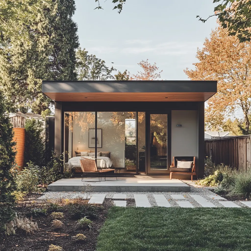 A modern ADU with a sleek design, featuring a private patio surrounded by lush greenery in a suburban setting.