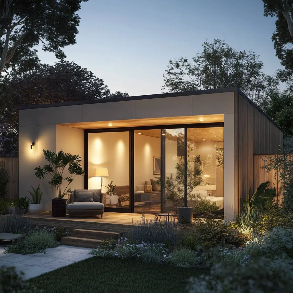 Modern ADU with Sleek Exterior and Cozy Interior Modern ADU with a small outdoor patio and minimalist furniture