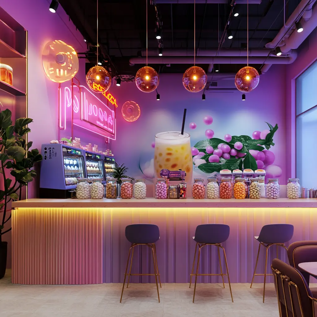 Vibrant and Modern Boba Tea Shop Interior Colorful boba tea shop interior with cozy seating and stylish decor