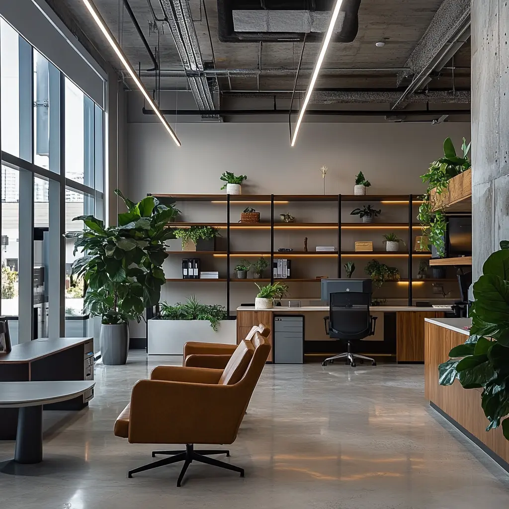 Modern Commercial Interior: Stylish and Functional Workspace Modern commercial interior featuring sleek furniture, neutral tones, and pops of color.