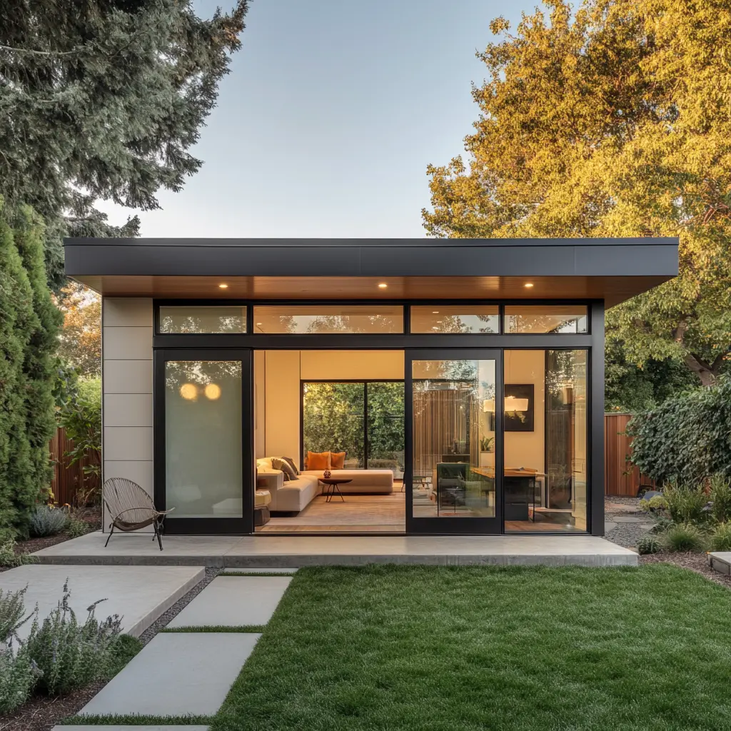 Modern Backyard Oasis: A Sleek Detached ADU A modern, detached accessory dwelling unit with a minimalist design, large glass doors, and a private patio surrounded by lush greenery Design.