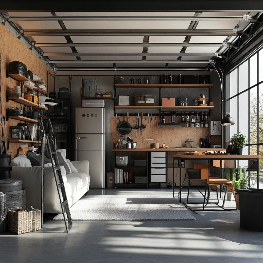 A garage converted into a modern and stylish living space.