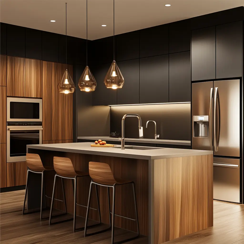 Modern and Elegant Kitchen: Minimalist Design with Central Island Modern kitchen with island, stainless steel appliances and wood details. Minimalist and elegant design.