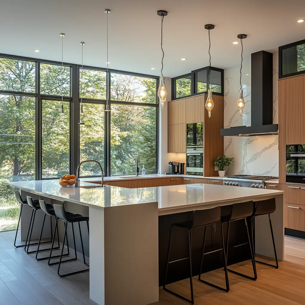 Sleek and Modern Kitchen Design with Quartz Countertops Modern kitchen with a large island, quartz countertops, and pendant lighting