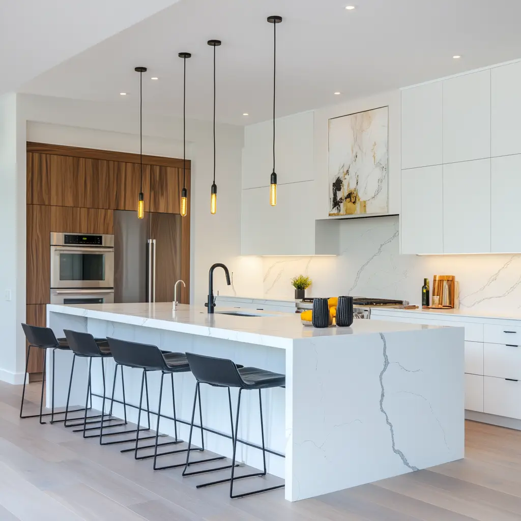Modern Kitchen Design: Sleek, Stylish, and Functional Modern kitchen with quartz countertops, a spacious island, and natural light in Long Beach