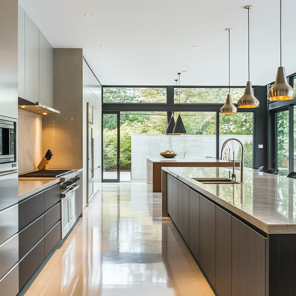 Modern Kitchen with Large Island and Stainless Steel Appliances Modern kitchen with a large central island and stainless steel appliances.